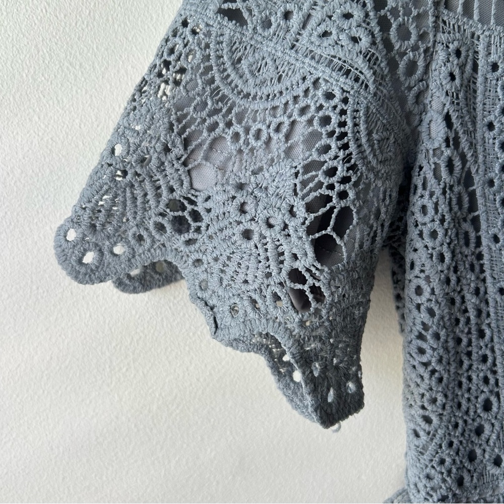 Stevie Hender Modest Midi Dress Lace Crochet Short Sleeve Light Blue L - Picture 6 of 9